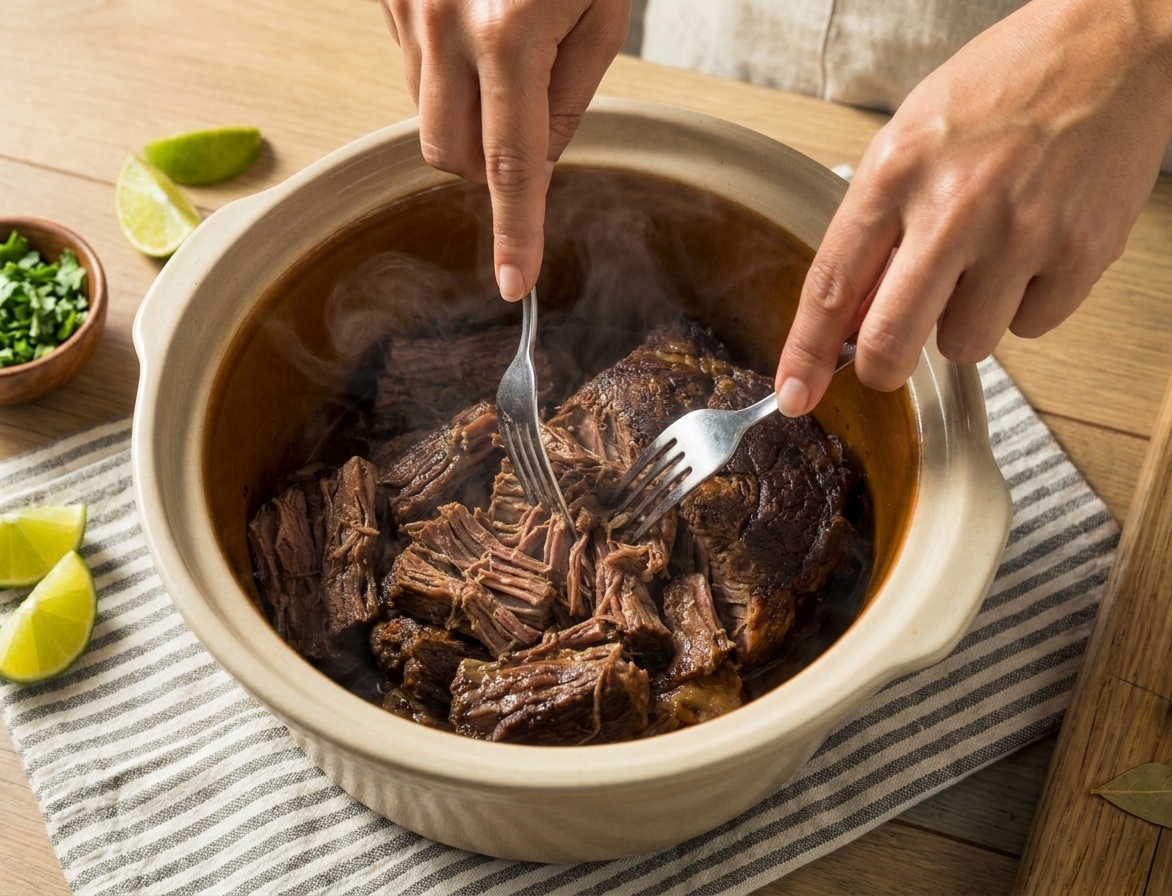 Hands shredding tender barbacoa with two forks in a slow cooker insert