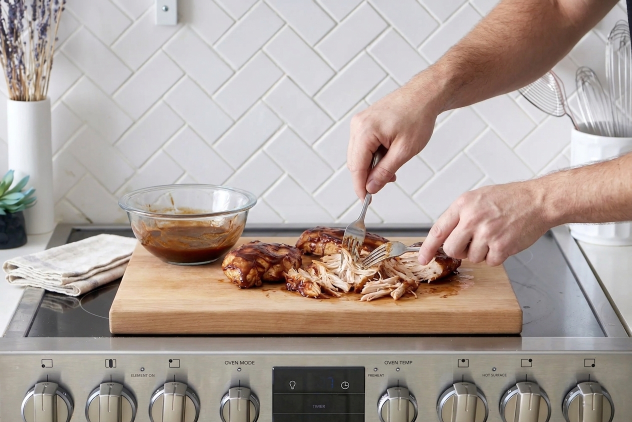 Hands shredding tender cooked chicken with two forks on a cutting board