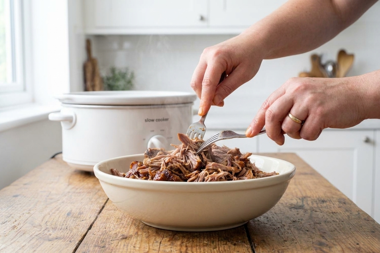 Hands shredding tender pulled pork with two forks in a large bowl on a kitchen counter