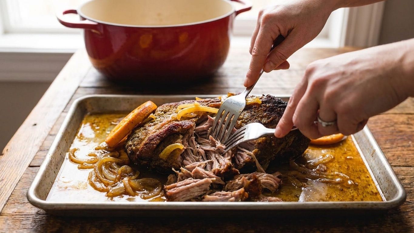 Hands shredding tender slow-cooked pork with two forks on a rimmed sheet pan in a home kitchen