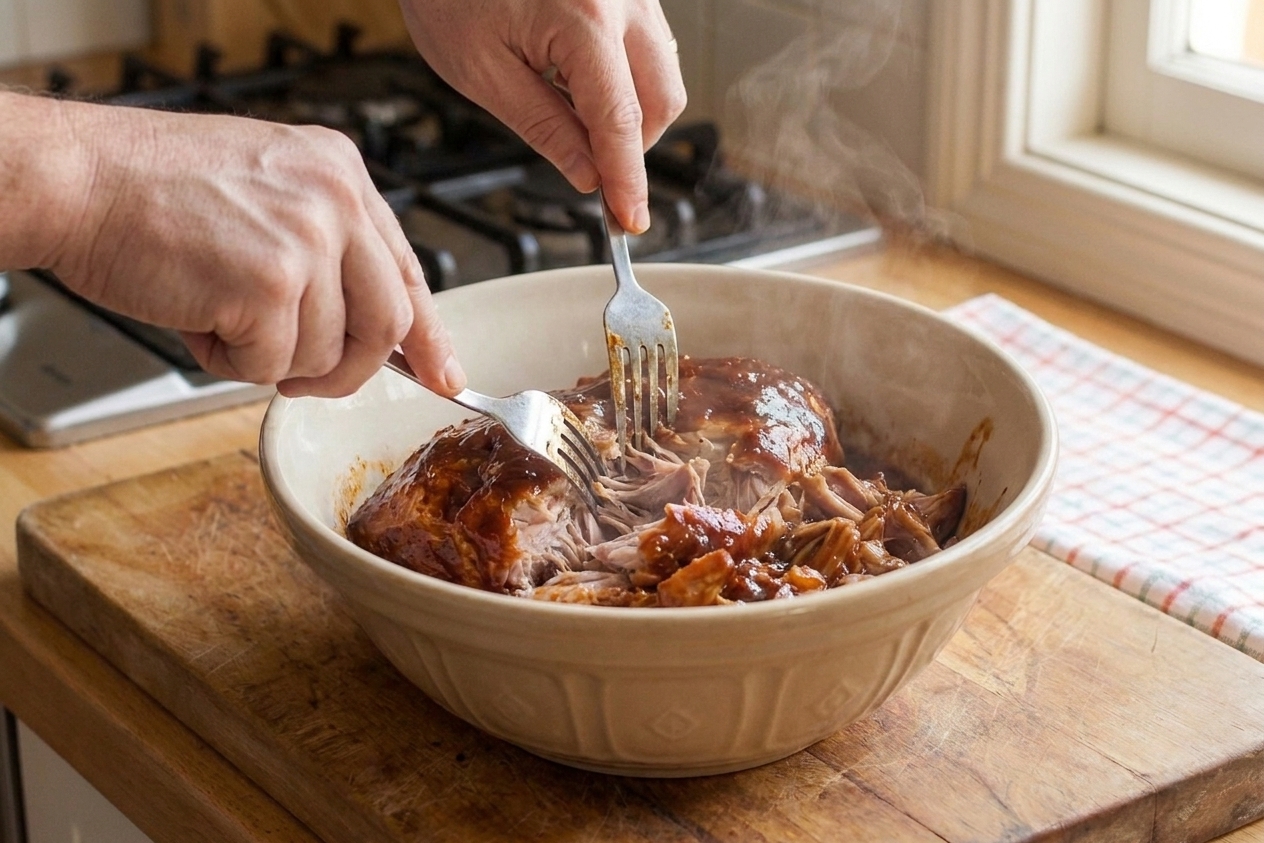 Hands shredding tender slow cooker pork with two forks in a large mixing bowl on a kitchen counter