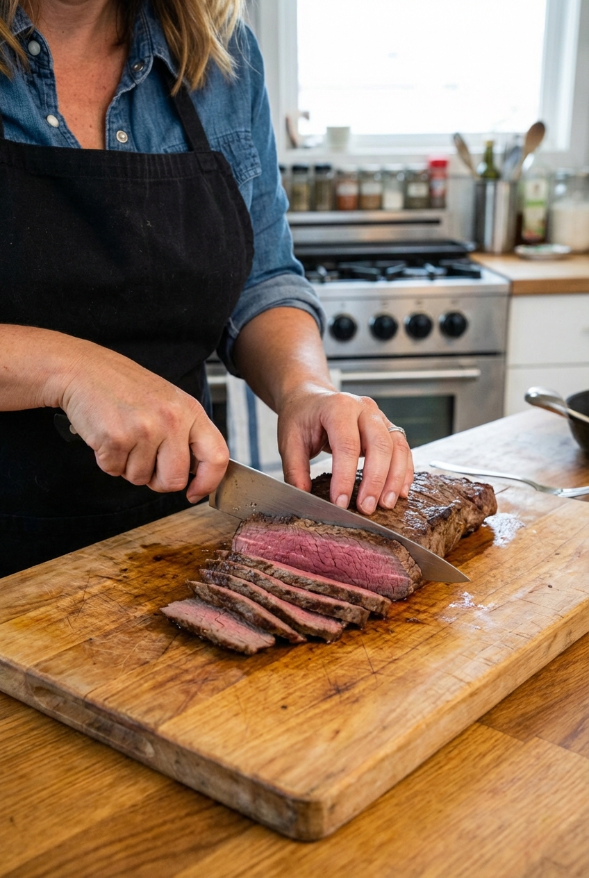 Hands slicing London broil thinly against the grain on a wooden cutting board