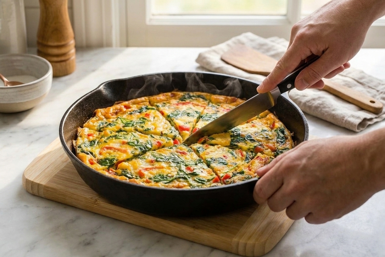 Hands slicing a baked cheddar and vegetable frittata into wedges in a cast iron skillet on a wooden cutting board