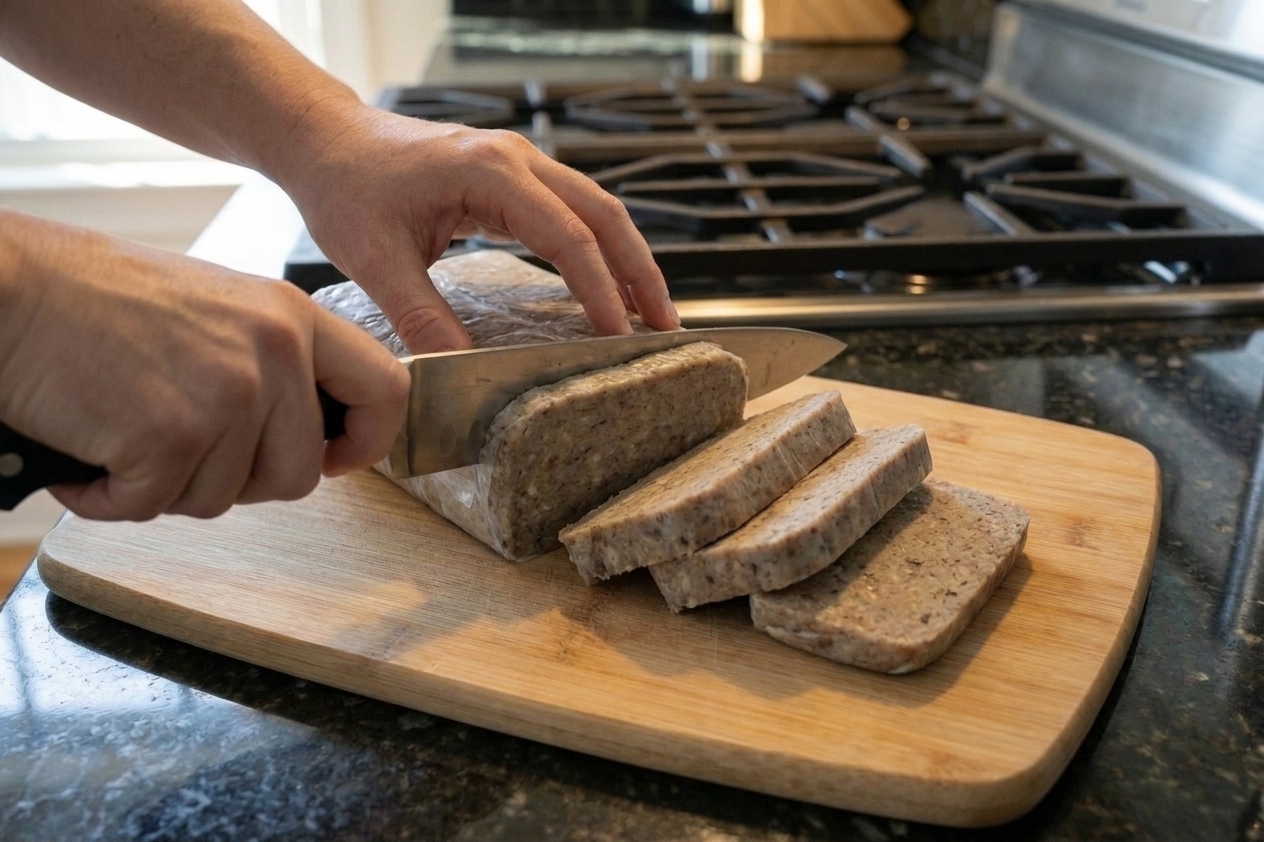 Hands slicing a chilled loaf of scrapple into thick half-inch slices on a wooden cutting board