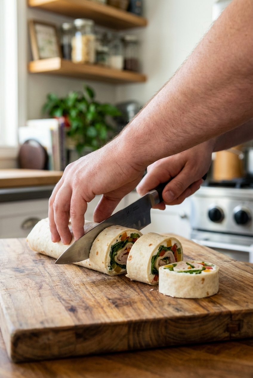 Hands slicing a chilled pinwheel wrap into even rounds on a wooden cutting board with a chef's knife