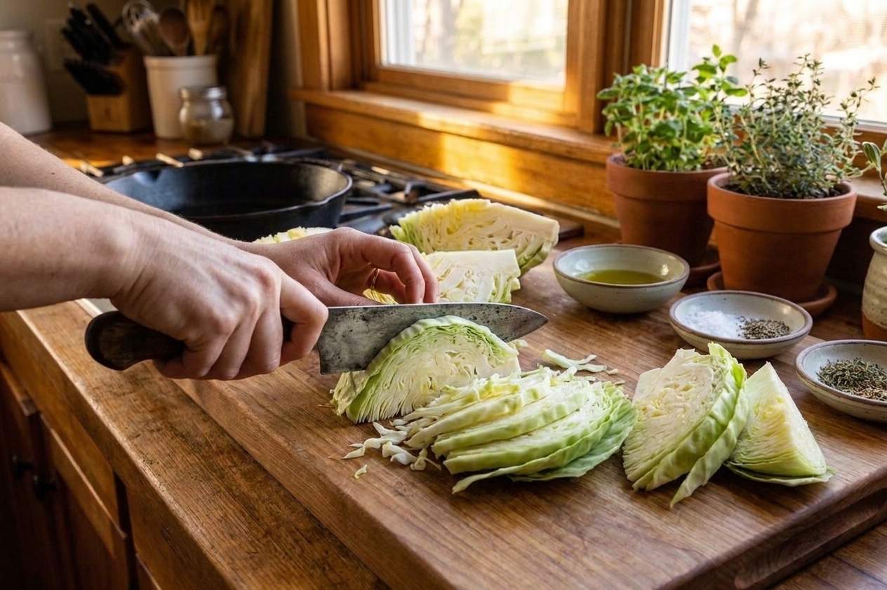 Hands slicing a green cabbage into wedges on a wooden cutting board with a chef’s knife, home kitchen counter in soft natural light