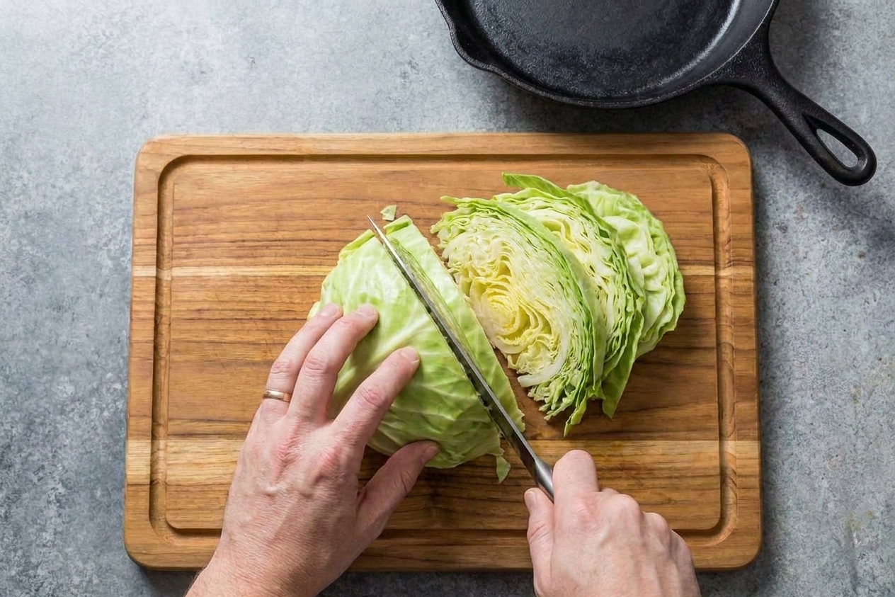 Hands slicing a head of green cabbage into thick ribbons on a wooden cutting board beside a chef's knife