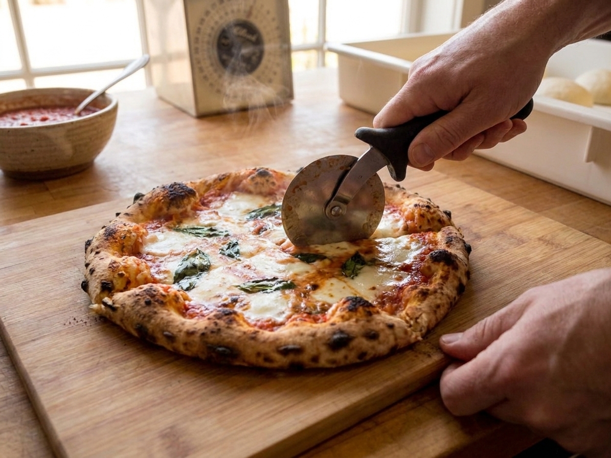 Hands slicing a hot Neapolitan pizza on a wooden cutting board with melted mozzarella and basil