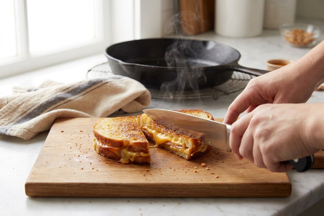 Hands slicing a hot, glossy toasted sandwich on a wooden cutting board with melted cheese visible at the center in a bright home kitchen