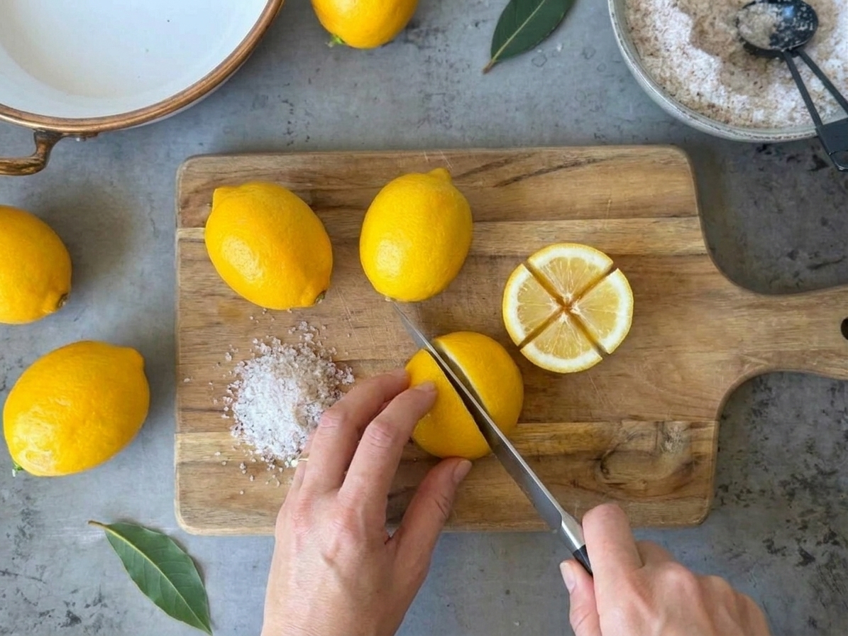 Hands slicing a lemon into quarters on a wooden cutting board with a chef's knife