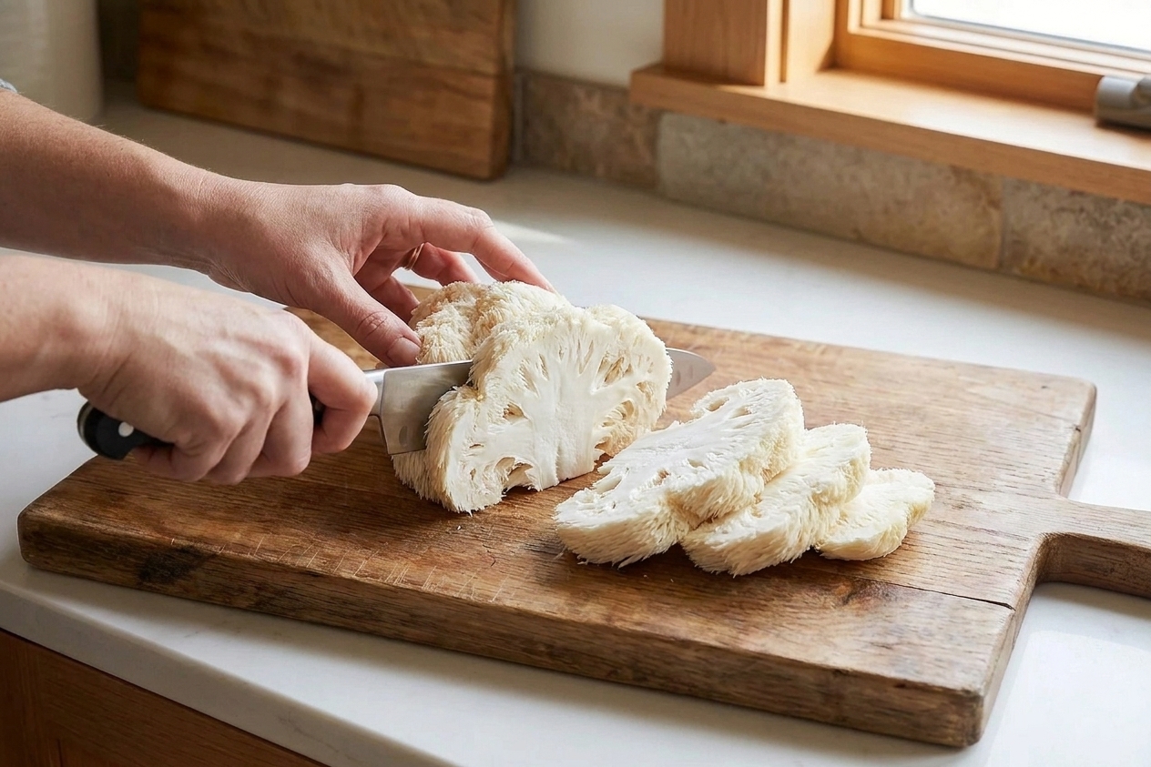 Hands slicing a lion’s mane mushroom into thick steak-like slabs on a wooden cutting board with a chef’s knife
