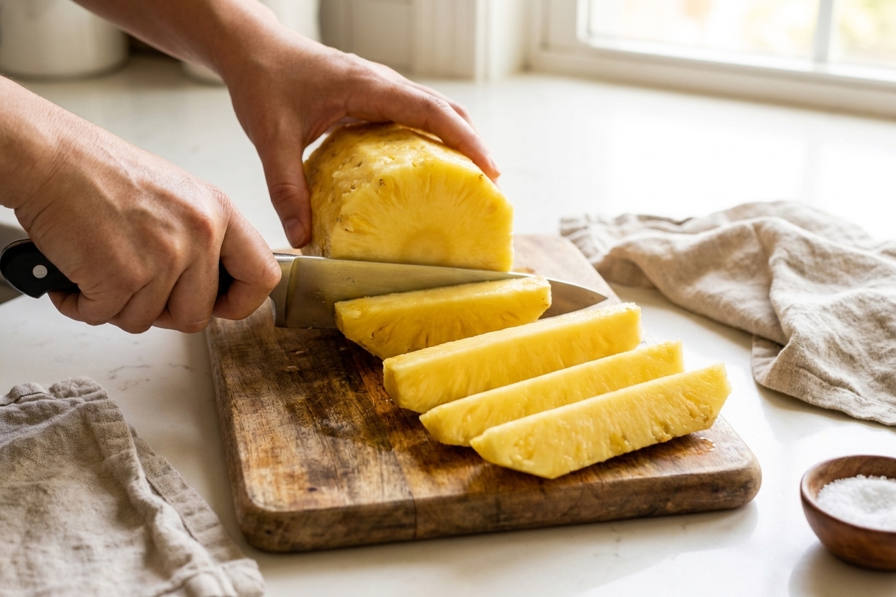 Hands slicing a peeled pineapple into long spears on a wooden cutting board in a bright home kitchen