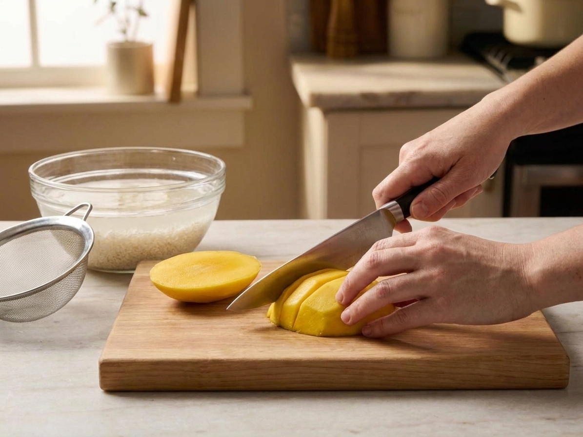 Hands slicing a peeled ripe mango on a wooden cutting board with a chef’s knife in a bright kitchen