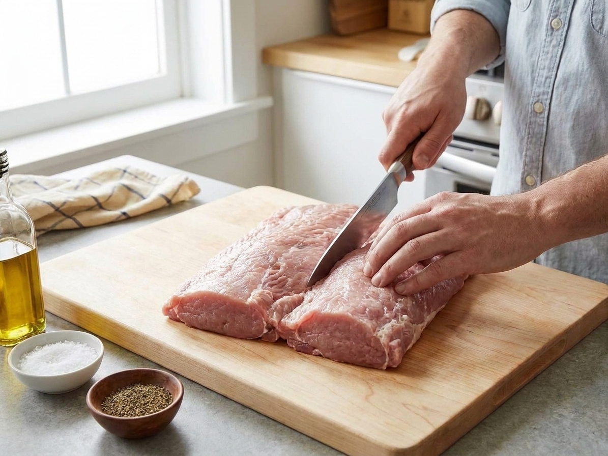 Hands slicing a pork loin lengthwise to butterfly it on a wooden cutting board, with the meat opening like a book