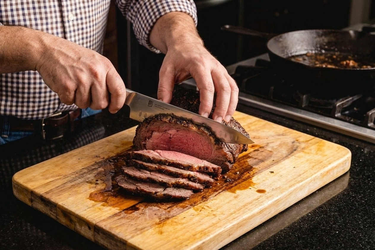 Hands slicing a rested New York strip roast against the grain on a wooden cutting board, with a chef's knife and resting juices on the board