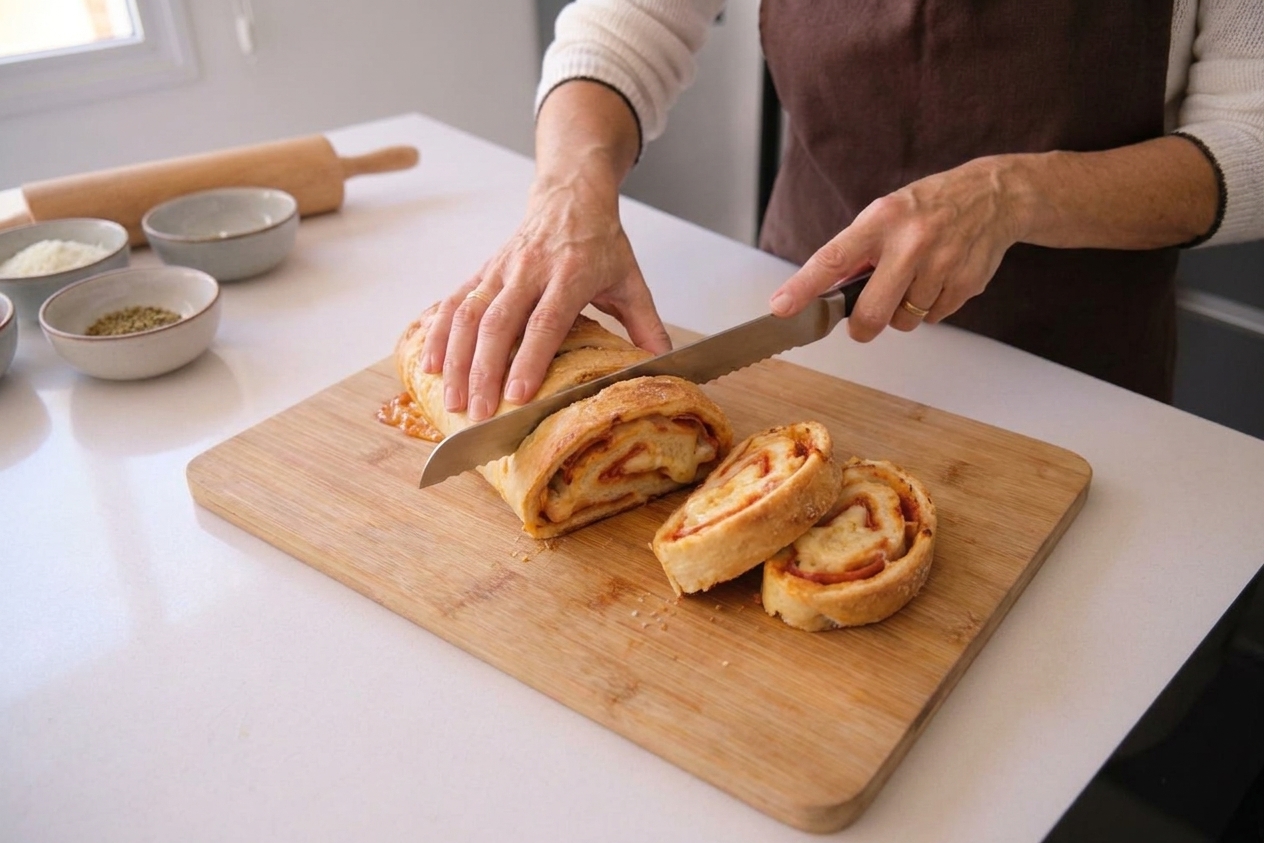 Hands slicing a rested stromboli into spiral pieces with a serrated knife on a wooden cutting board