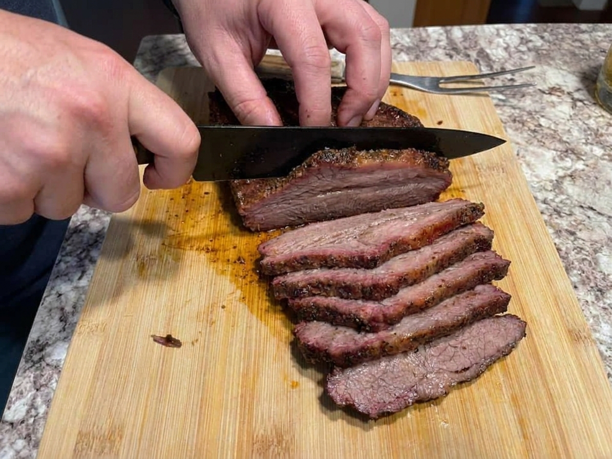 Hands slicing a rested tri tip roast on a wooden cutting board, with the knife cutting across the grain and a neat pile of slices forming beside it