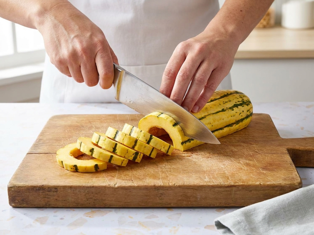 Hands slicing a scrubbed delicata squash into 1/2-inch-thick half-moon pieces on a wooden cutting board next to a chef's knife