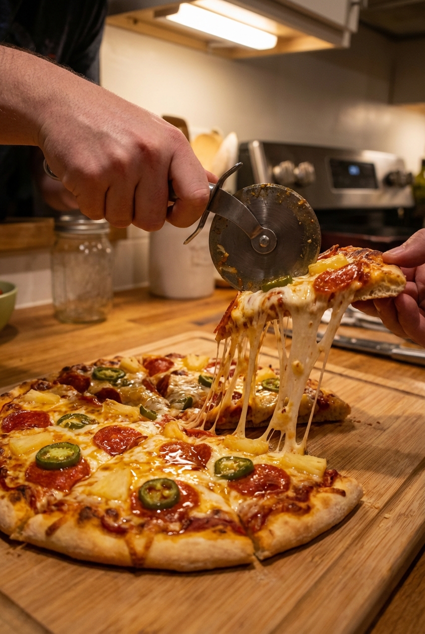 Hands slicing a sweet and spicy pizza with a pizza wheel, showing stretchy melted cheese and a drizzle of hot honey