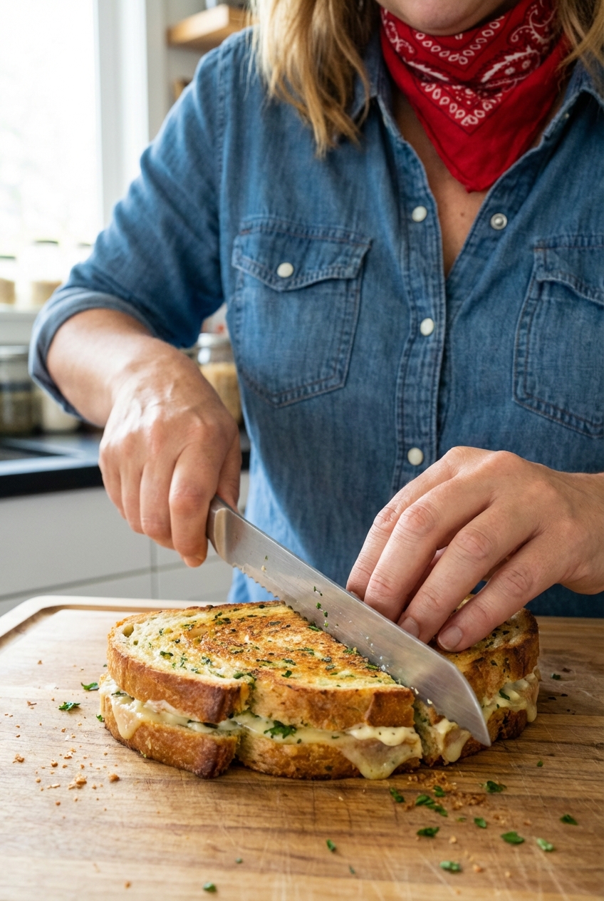 Hands slicing a toasted herb-mayo sandwich in half on a cutting board