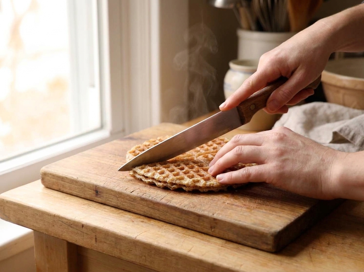 Hands slicing a warm thin waffle horizontally on a wooden cutting board with a sharp knife
