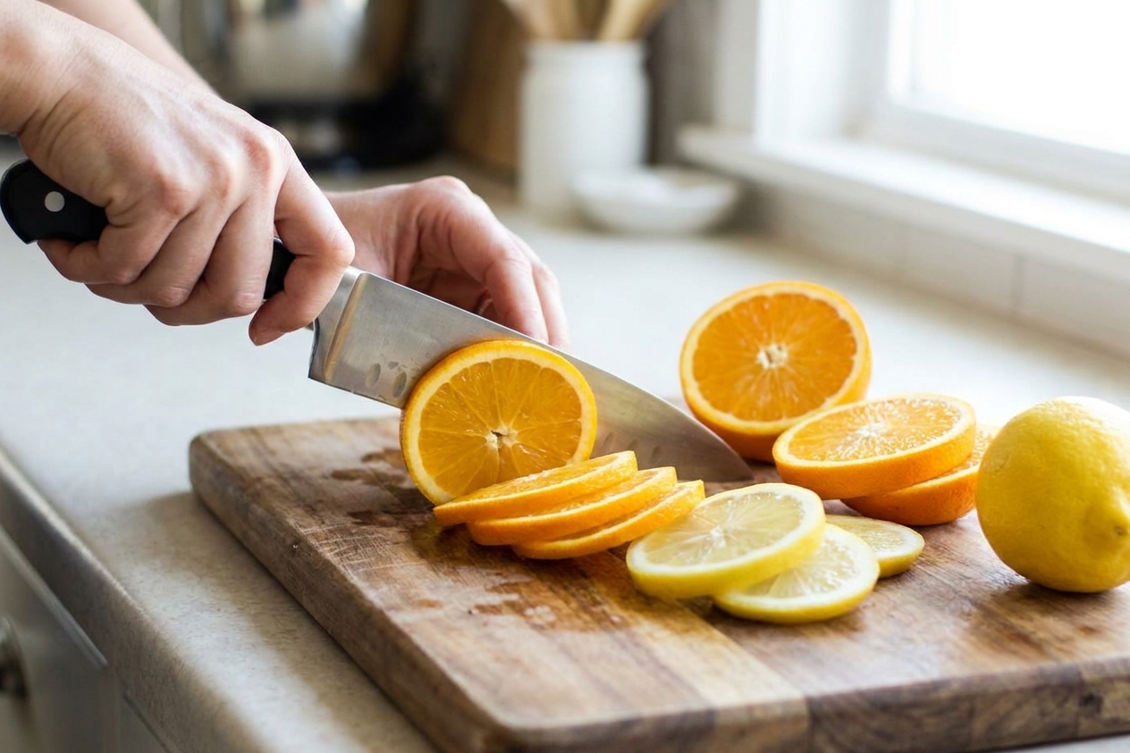 Hands slicing an orange and a lemon into thin rounds on a wooden cutting board with a chef knife on a bright kitchen counter