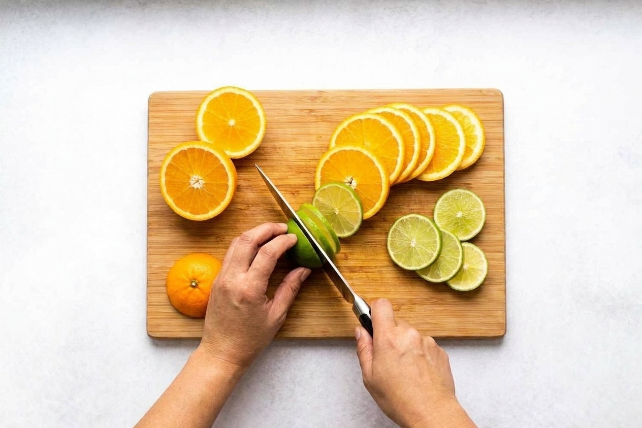 Hands slicing an orange and a lime into thin wheels on a wooden cutting board on a bright kitchen counter