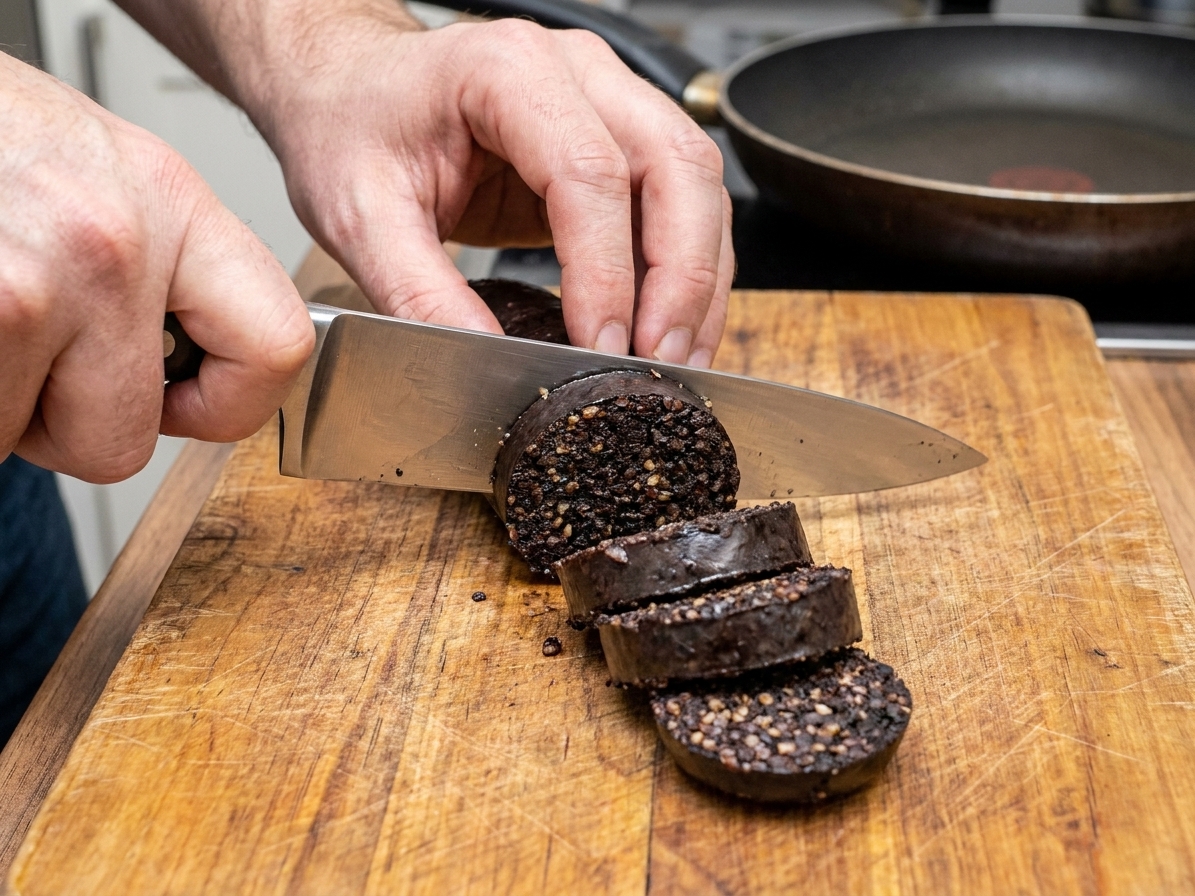 Hands slicing black pudding into half inch rounds on a wooden cutting board with a chef knife