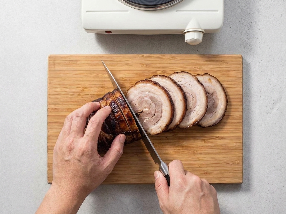 Hands slicing chilled chashu-style pork shoulder into thin rounds on a wooden cutting board