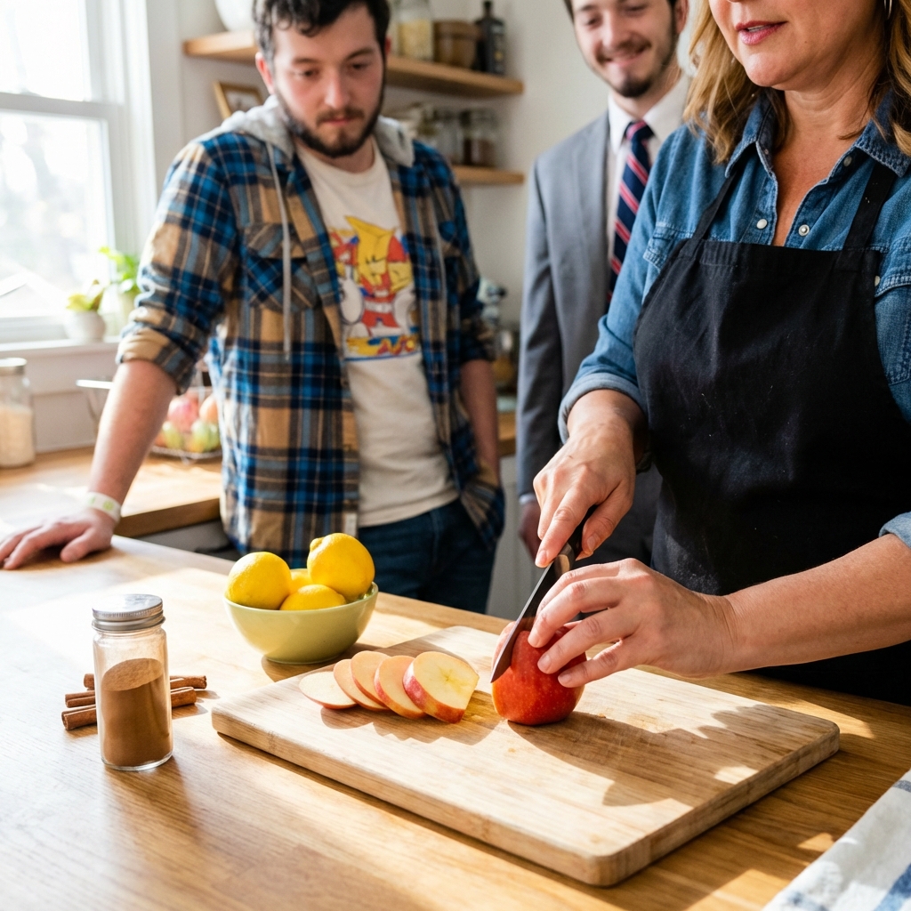 Hands slicing fresh apples on a cutting board with cinnamon and lemons nearby