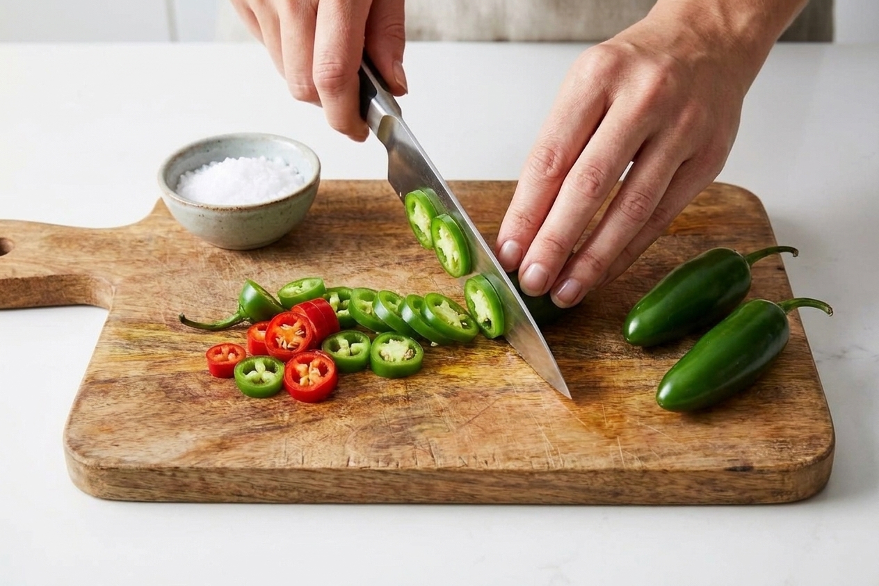 Hands slicing fresh jalapeños into thin rings on a wooden cutting board with a chef's knife