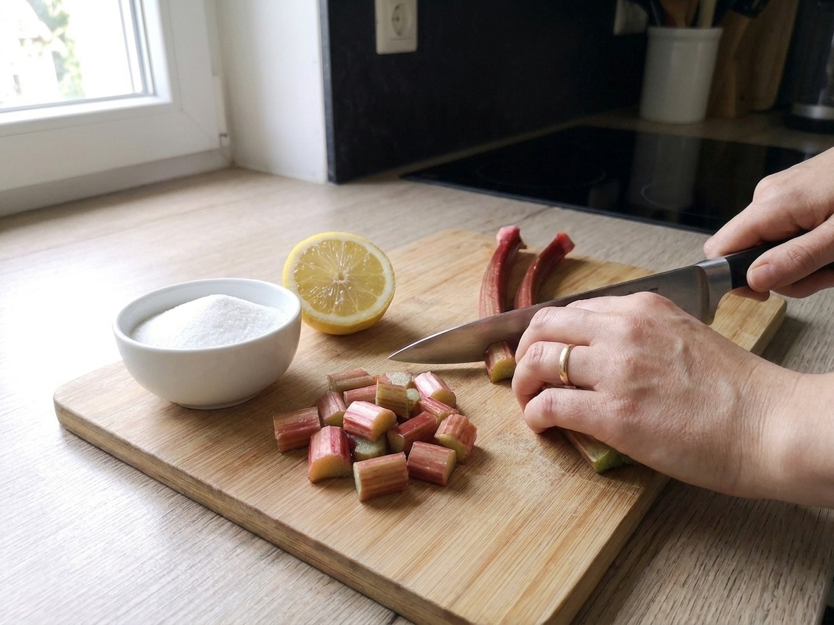 Hands slicing fresh rhubarb stalks into half-inch pieces on a wooden cutting board in a bright home kitchen