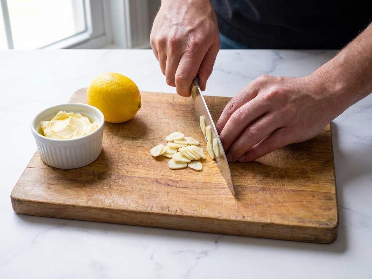 Hands slicing garlic cloves on a wooden cutting board beside a lemon and a small bowl of butter on a home kitchen counter