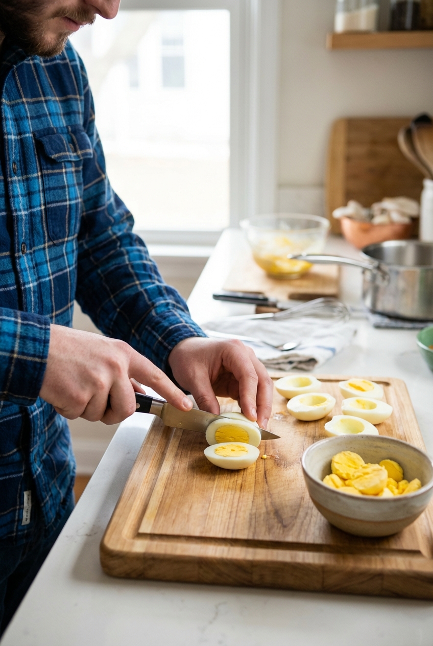 Hands slicing hard-boiled eggs lengthwise on a cutting board with a small bowl of yolks nearby