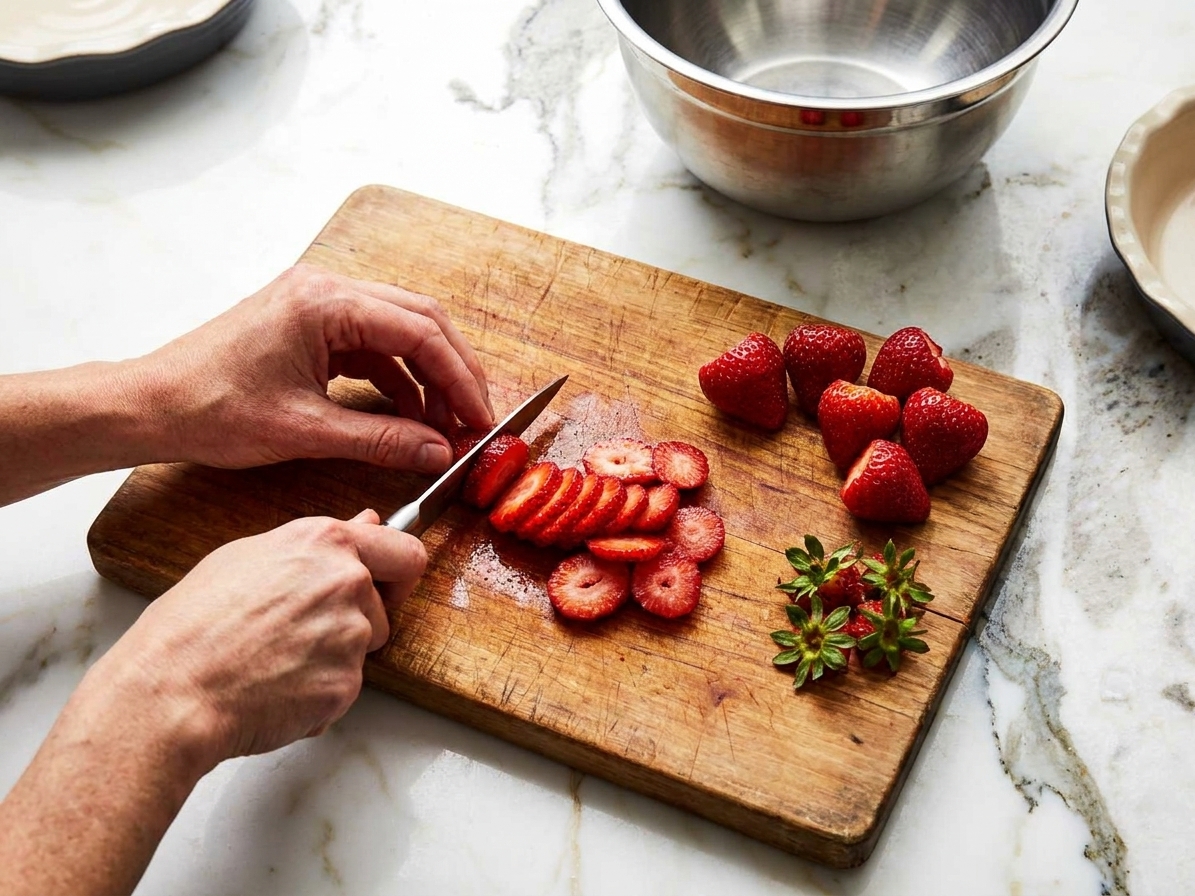 Hands slicing hulled strawberries on a wooden cutting board on a bright kitchen counter