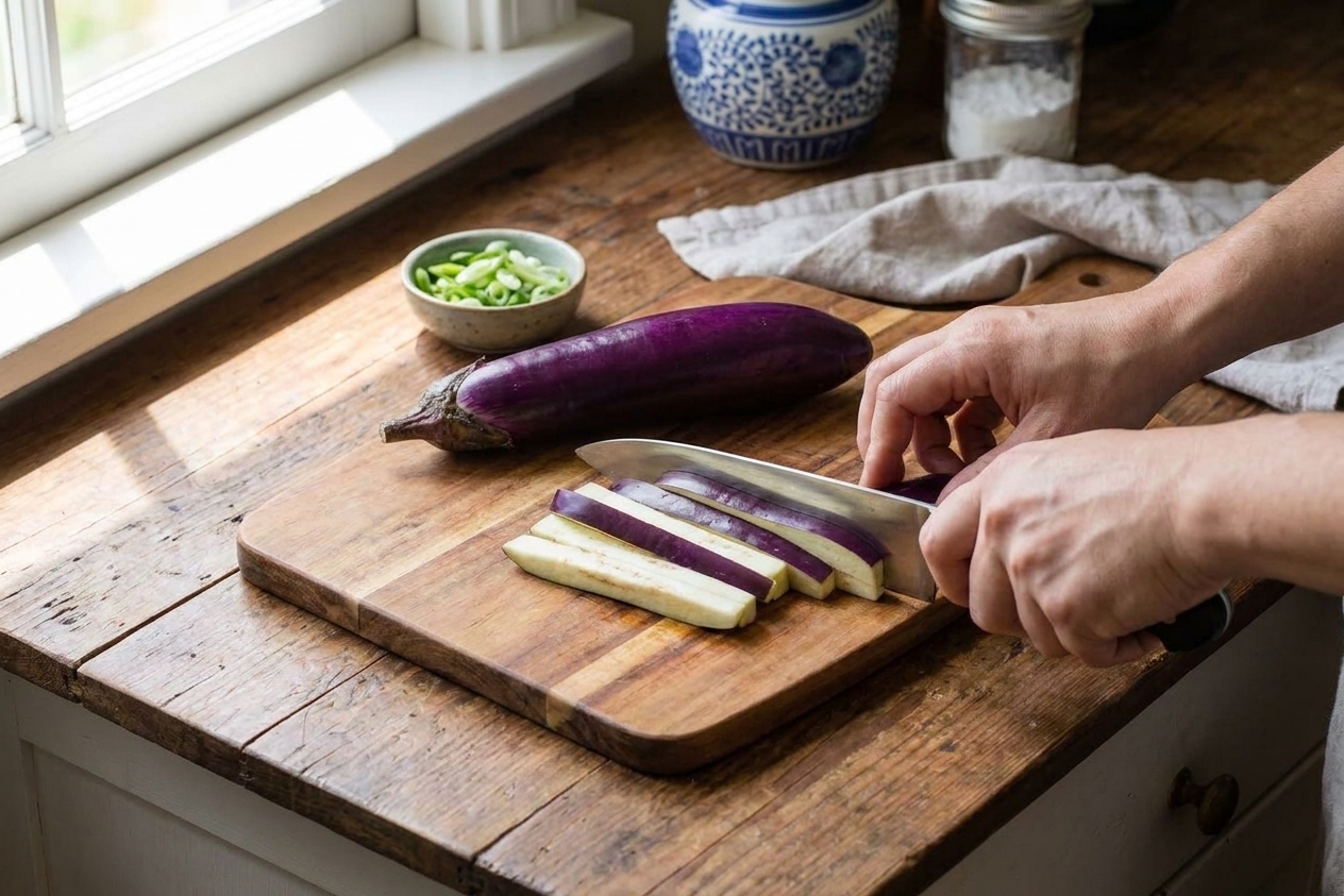 Hands slicing long Chinese eggplant into thick batons on a wooden cutting board on a bright kitchen counter
