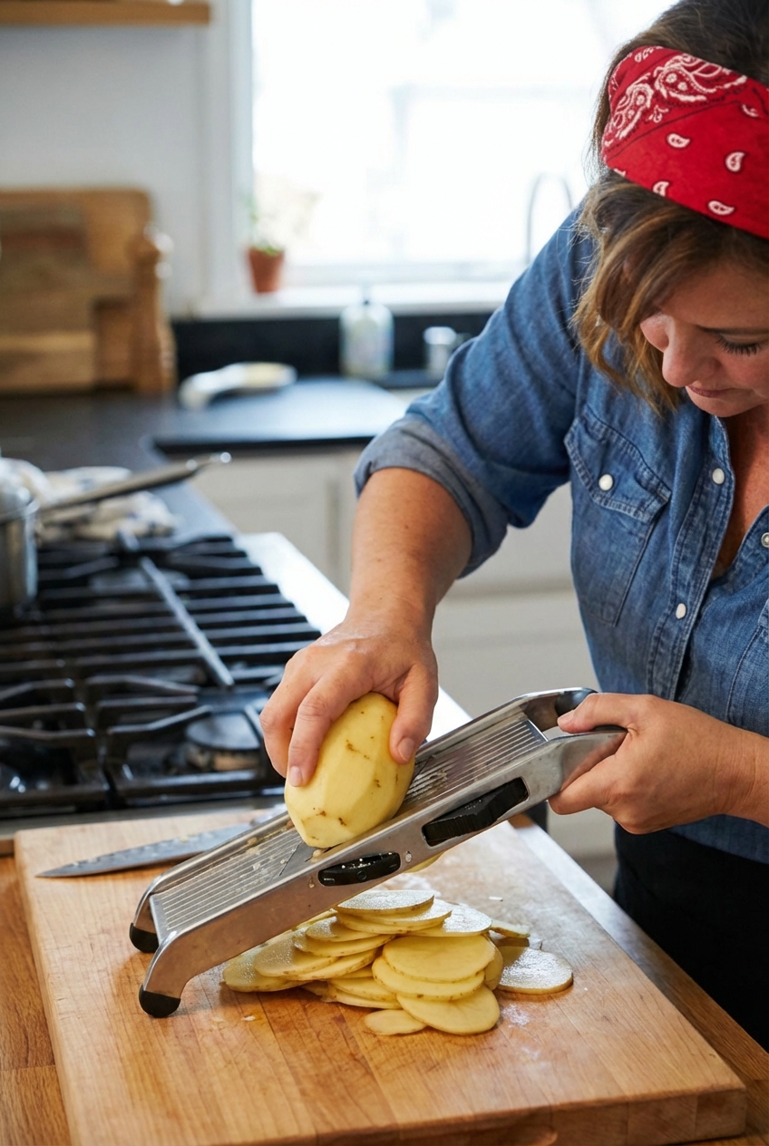 Hands slicing peeled Yukon Gold potatoes into thin rounds on a mandoline over a cutting board