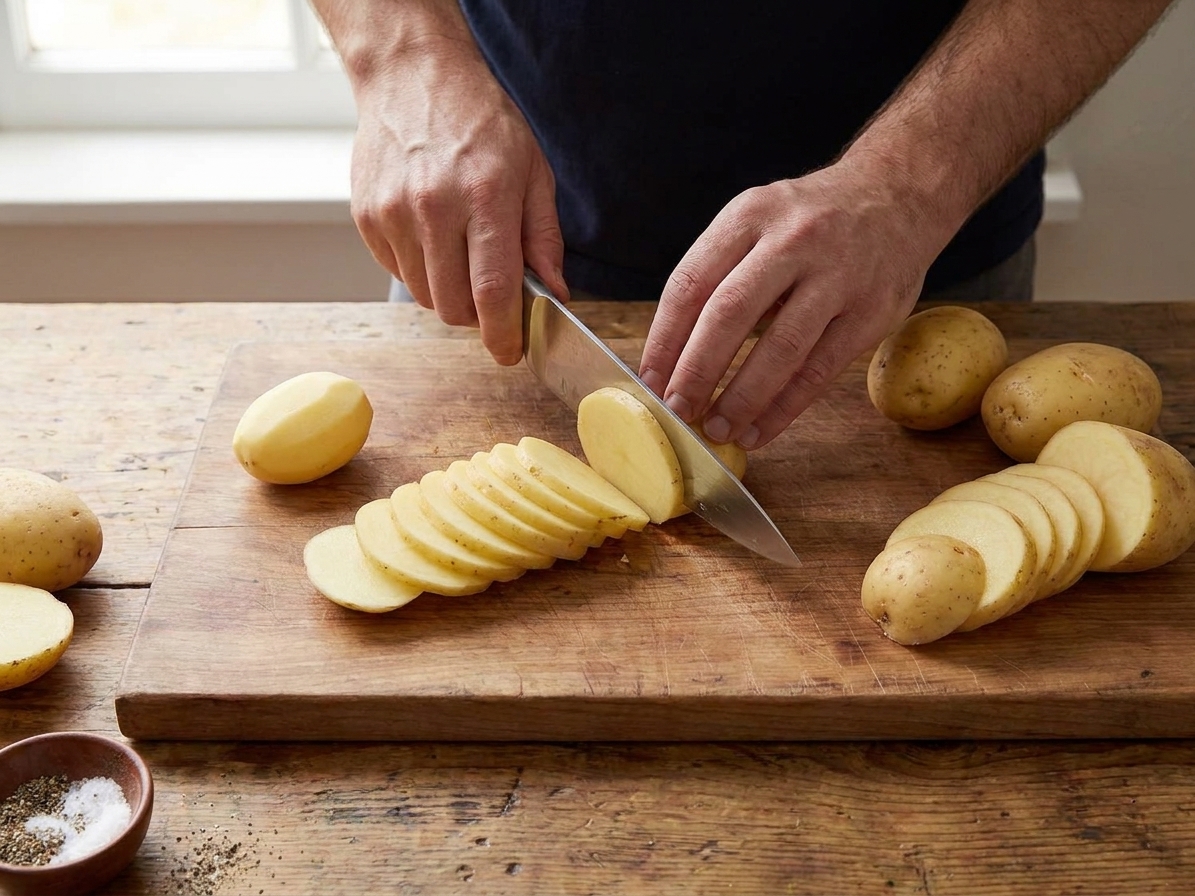 Hands slicing peeled Yukon Gold potatoes into thin rounds on a wooden cutting board with a chef’s knife
