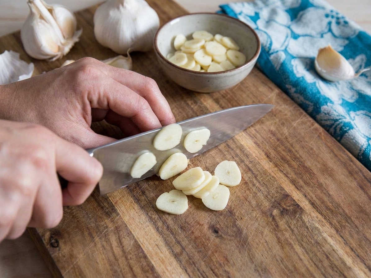 Hands slicing peeled garlic cloves into thin coins on a wooden cutting board with a chef's knife, home kitchen lighting