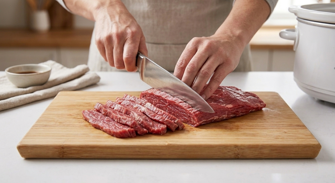 Hands slicing raw flank steak into thin strips against the grain on a wooden cutting board with a chef's knife in a bright home kitchen