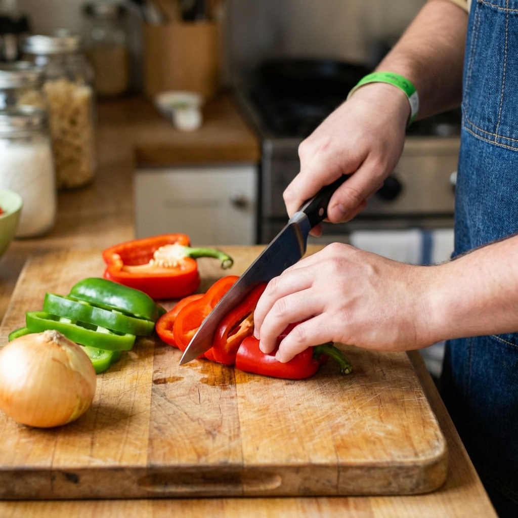 Hands slicing red and green bell peppers and a yellow onion on a wooden cutting board next to a chef's knife