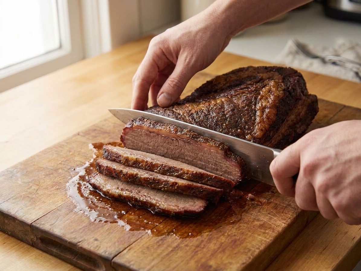 Hands slicing rested brisket on a wooden cutting board with the grain direction visible and a small pool of juices nearby