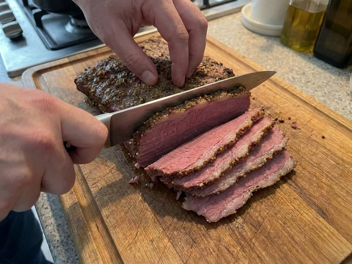 Hands slicing rested corned beef brisket against the grain on a wooden cutting board with a chef's knife