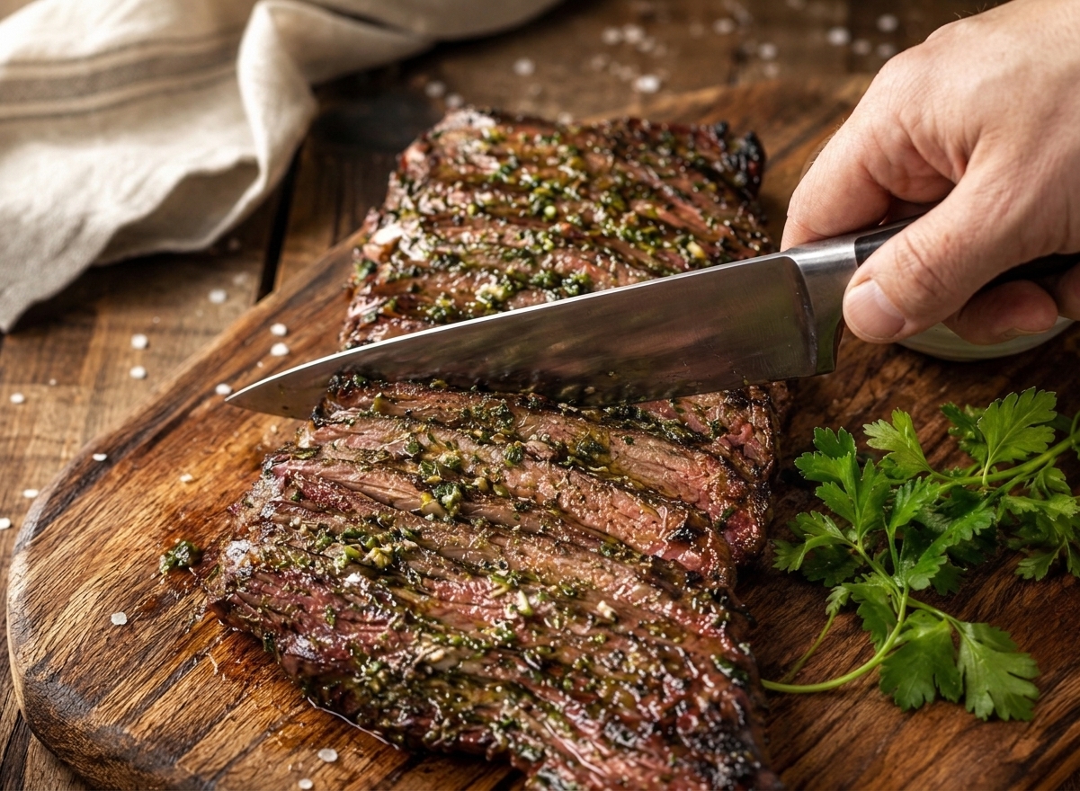 Hands slicing rested skirt steak thinly against the grain on a wooden cutting board