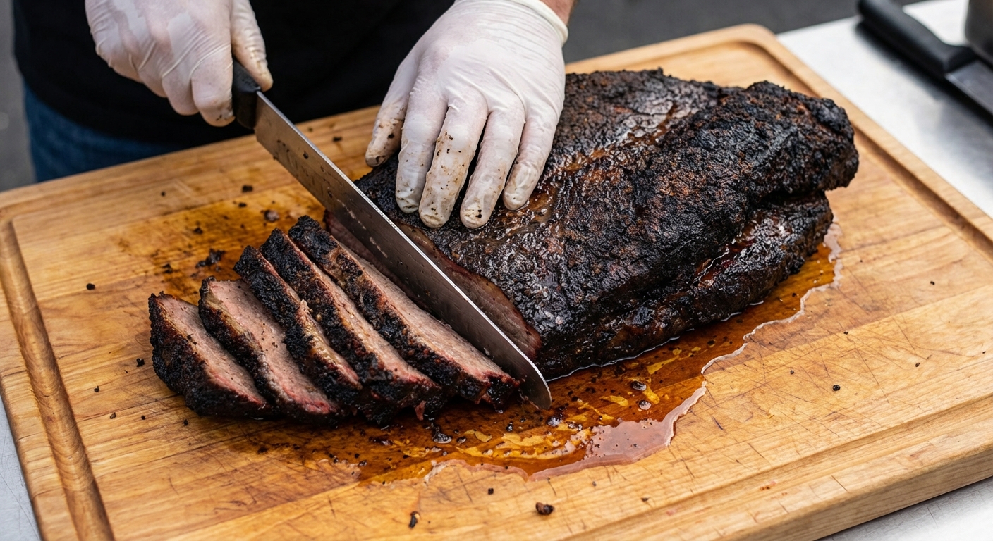 Hands slicing rested smoked brisket on a cutting board with juices pooling slightly