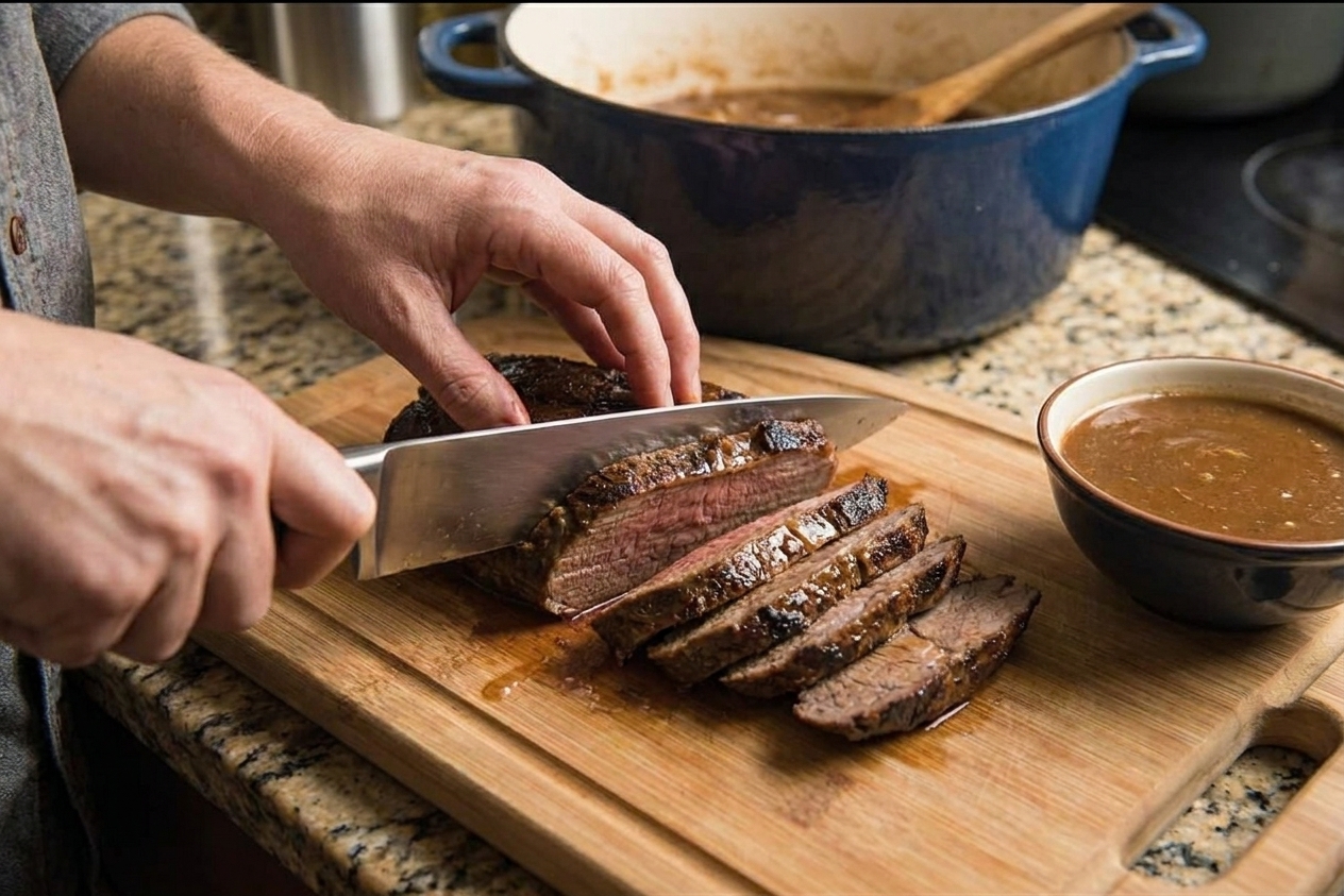 Hands slicing tender braised eye of round steak against the grain on a cutting board, with gravy nearby