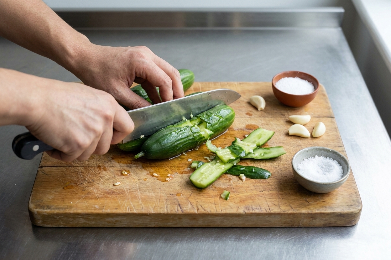 Hands smashing Persian cucumbers on a wooden cutting board with the flat side of a chef's knife