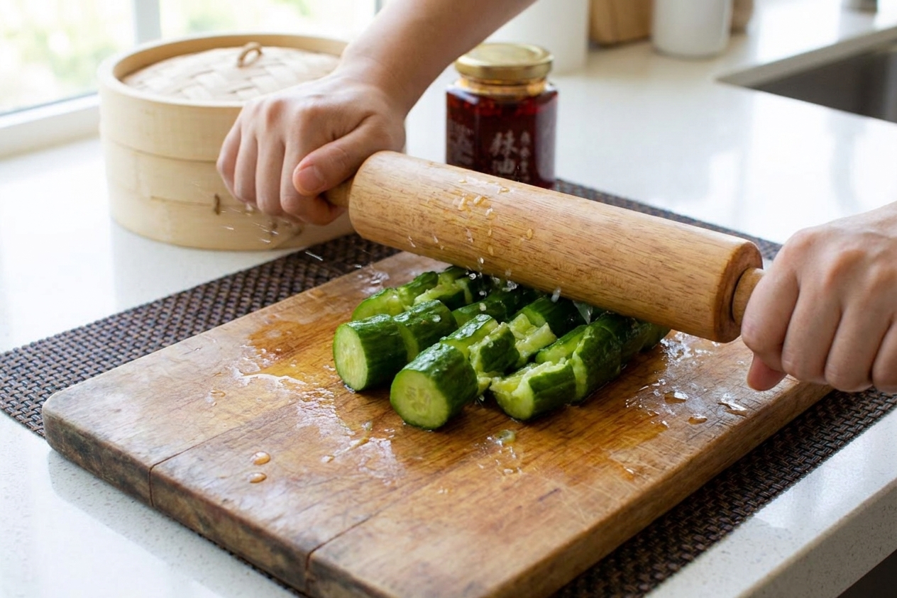 Hands smashing Persian cucumbers with a rolling pin on a wooden cutting board, cucumber pieces cracking into rustic chunks on a bright kitchen counter