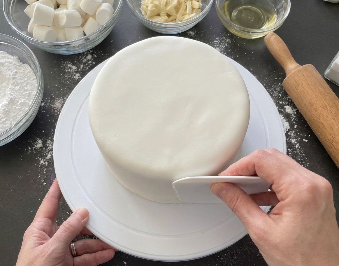Hands smoothing white fondant over the side of a round cake on a turntable on a kitchen counter