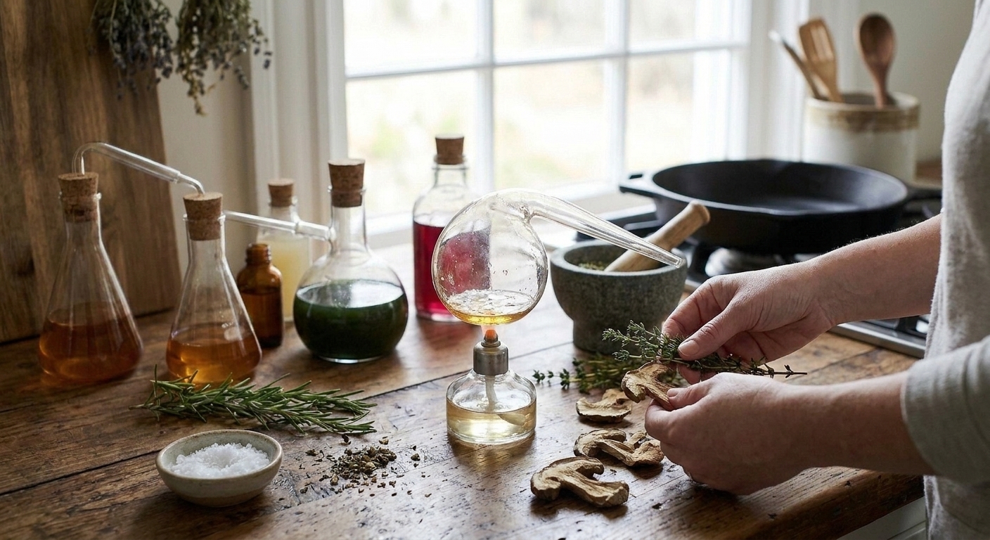 Hands sorting herbs and mushrooms beside an alchemy lab on a wooden counter
